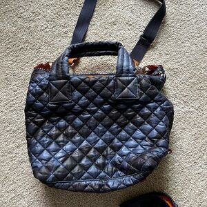 MZ Wallace Black and Blue Quilted Tote with Adjustable Strap